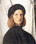Lorenzo Lotto Portrait of a young man against a white curtain oil painting artist